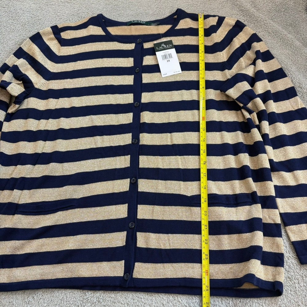 Lauren Ralph Lauren Women 2X Cardigan Navy Gold Metallic Stripe Knit Sweater NWT - Picture 7 of 13